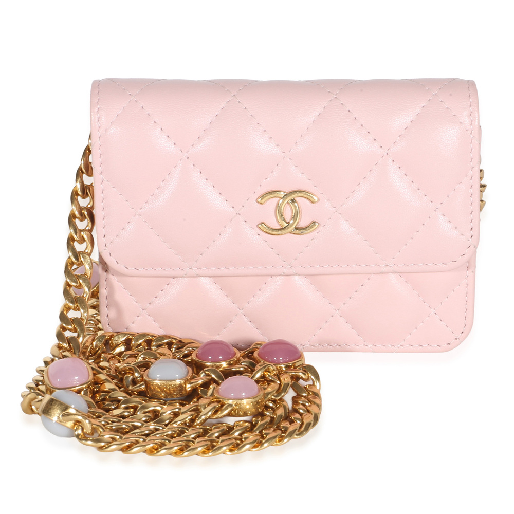 Chanel Light Pink Quilted Lambskin Jeweled Mini Wallet On Chain